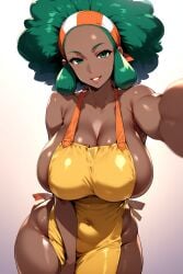 1girls afro ai_generated almost_naked alteryors apron big_breasts big_hair colored dark-skinned_female dark_skin extended_arm female_only game_freak green_eyes green_hair gym_leader headband lenora_(pokemon) looking_at_viewer milf nintendo pokemon pokemon_bw smile solo_female thick_thighs uncensored white_background wide_hips