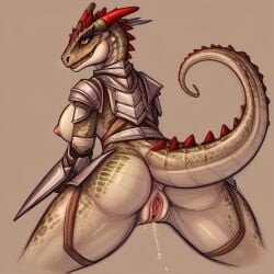 ai_generated anthro argonian argonian_female armor back_view female_anthro pussy pussy_juice_drip rataddict scales scalie the_elder_scrolls