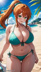 abdomen ai_generated beach big_breasts bikini curvy curvy_figure curvy_thighs female hips hourglass_figure light_blue_eyes orange_hair original_character shiny_skin stable_diffusion thick_thighs voluptuous_female xceed