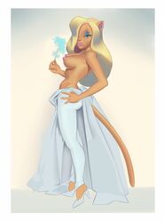 1girls anthro areolae beauty_mark blonde_hair blue_eyes breasts cat_ears cat_tail disney eyeshadow female female_only furry hair_over_one_eye half-closed_eyes hand_on_hip heels kitten_kaboodle lips lipstick looking_at_viewer nipples partially_clothed saran-rape solo tail talespin topless white_clothing