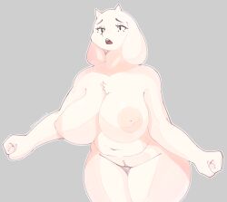 anthro big_breasts boss_monster_(undertale) bovid breasts caprine female floppy_ears front_view fur genitals goat goat_mom horn huge_breasts mammal mature_female non-human_areolae nude pussy simple_background slightly_chubby slightly_chubby_female solo thick_thighs toriel undertale_(series) vattarena white_body white_fur