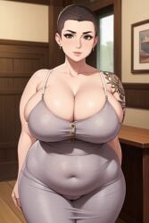 1female 1girls ai_generated bbw belly belly_bulge belly_button breasts brown_eyes button_nose cameltoe chubby cleavage dress fat fat_arms fat_belly fat_rolls female female_focus female_only large_boobs large_breasts massive_breasts plus_size pudgy rolls shaved_head skin_tight solo tattoo tattoo_on_arm tattooed_arm tattoos thick_thighs