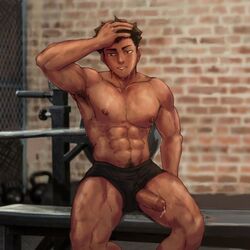 1boy abs black_hair black_shorts brown_eyes cuckoo_chan gay gym haikyuu!! iwaizumi_hajime male male_only penis penis_out penis_through_leghole precum pubes sweat tan_skin uncut zumiiwa