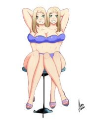 2_heads 4_breasts 4_legs accessworld bare_legs blonde_hair bra conjoined crossed_legs green_eyes hands_behind_head light-skinned_female looking_at_viewer multi_breast multi_leg multi_limb painted_nails sitting sitting_on_chair smile underwear