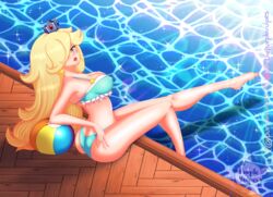 1girls ass barefoot beach_ball bikini bimbo blonde_hair blue_bikini blue_eyes breasts cleavage crown earrings feet female female_only hair_over_one_eye long_hair looking_at_viewer mario_(series) nintendo only_female outdoors pool princess_rosalina purplevulpes sitting solo solo_female super_mario_galaxy swimsuit swimwear wading water