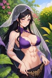 abs ai_generated big_breasts black_clothing black_hair blouse cleavage female female_focus female_only garden hourglass_figure indian indian_clothes indian_female inviting light-skinned_female light_skin long_hair looking_at_viewer midriff navel purple_clothing purple_eyes saree sari seductive seductive_eyes seductive_look seductive_smile slim slim_waist smile smiling smiling_at_viewer solo solo_female solo_focus teasing teasing_viewer undressing veil very_long_hair violet_eyes wide_hips