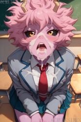 ai_generated commission crudesiren cum cum_in_mouth cum_on_face curvy curvy_figure dark_eyes kneeling looking_at_viewer mina_ashido my_hero_academia my_hero_academia:_two_heroes open_mouth patreon pink_body pink_hair pink_skin school_uniform schoolgirl short_hair wide_hips yellow_eyes