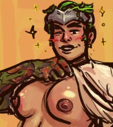 bara genji genji_shimada lifting_shirt looking_at_viewer male male_breasts male_nipples male_only masculine overwatch solo solo_focus solo_male winking_at_viewer