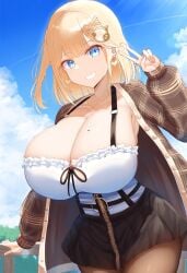 ai_generated ameanon armpits big_breasts blonde_hair blue_eyes breasts cleavage hololive hololive_english hololive_myth huge_breasts large_breasts mole_on_breast pantyhose peace_sign pleated_skirt sideboob skirt thick_thighs virtual_youtuber vtuber watson_amelia