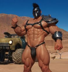 1boy 3d 3d_(artwork) arm_hair armpit_hair bara big_muscles big_nipples big_pecs chest_hair codpiece daddy dilf hair hairy hairy_male happy_trail harness huge_muscles human hunk leg_hair madmax male male_only mask masked_male masked_only mostly_nude muscular muscular_human muscular_male navel nipples pecs pubic_hair silverjay solo