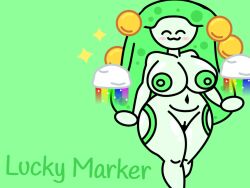 1girls blush clouds find_the_markers gold_coins green_body green_hair lucky-marker naked_female rainbow white_skin