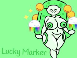 1girls blush clouds find_the_markers gold_coins green_body green_hair justmad9876 lucky_marker naked_female object_show object_shows rainbow solo white_skin