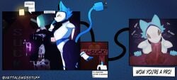 absurd_res android anthro blue_hair coin_slot darkner deltarune dialogue disembodied_penis duo erection felid fellatio female genitals glory_hole hair hi_res humanoid_genitalia humanoid_penis machine male male/female mammal oral penile penis plug robot sex tail tasque_manager_(deltarune) text thick_thighs undertale_(series) vattarena white_body yellow_eyes