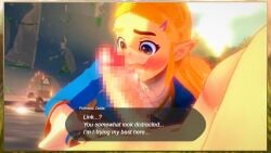 1boy 1girls blonde_female blonde_hair breath_of_the_wild censored_penis eyebrows_raised green_eyes hairband huge_cock hylian hylian_ears hylian_shield koikatsu licking licking_penis light-skinned_female light_skinned_male link long_hair looking_at_penis nintendo open_mouth oral outdoors pointy_ears princess_zelda ryoukai saliva the_legend_of_zelda video_game wide_eyed zelda_(breath_of_the_wild)