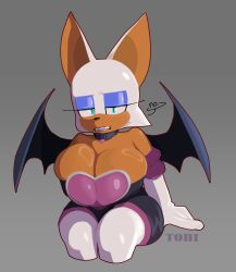 1girls blue_lipstick busty choker dark-skinned_female female furry huge_breasts large_breasts rouge_the_bat sega sitting_on_person sonic_(series) theonehornedimp