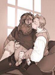 2boys balls balls_out bara barazoku beard belt blackbeard clothed clothed_sex cushion edward_teach fancy_clothing fly_open gay gay_sex hand_on_partner hand_on_waist handjob handjob_from_behind kissing leaning_on_person leather_pants long_beard long_hair long_hair_male male male_only monochrome old_man_yaoi our_flag_means_death pants_open pillows pirate realistic_penis_size realistic_proportions shirt_lift sitting stede_bonnet stuckinapit tattoos touching touching_penis yaoi