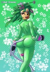 1girls areolae ass big_breasts blaster_master blush breasts female female_only green_skin justdream kanna_(blaster_master) looking_at_viewer looking_back naked naked_female nipples nude nude_female open_mouth open_smile plantie sideboob smile solo solo_female tail