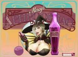 advertisement artist_request big_breasts halloween_terror_series large_breasts mercy overwatch overwatch_2 potion text thick_lips witch_hat witch_mercy