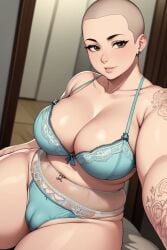 1female 1girls ai_generated bald bbw belly belly_bulge belly_button blue_bra blue_lingerie blue_panties bra breasts brown_eyes button_nose cameltoe chubby cleavage fat fat_arms fat_rolls female female_focus female_only large_boobs large_breasts lingerie mommy panties plus_size pudgy rolls shaved_head solo tattoo tattoo_on_arm tattooed_arm tattoos thick_thighs