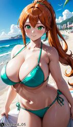 abdomen ai_generated beach big_breasts bikini curvy curvy_figure curvy_thighs female hips hourglass_figure light_blue_eyes orange_hair original_character shiny_skin stable_diffusion thick_thighs voluptuous_female xceed