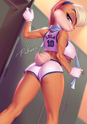 1girls alternate_version_available anthro ass athletic back_view basketball_uniform blonde_hair blue_eyes bunny bunny_girl bunny_tail clothed crop_top eyelashes eyeshadow female female_only furry gloves lagomorph large_breasts locker_room lola_bunny looking_back looking_down looney_tunes pakwan008 rabbit seductive_look shorts solo space_jam tight_clothing tight_shorts towel underboob