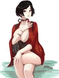 1girls bare_legs big_breasts black_hair cleavage clothed crossed_legs female knife kurenai_(red_ninja) red_ninja red_ninja_end_of_honor short_hair sitting solo weapon white_background zilvan