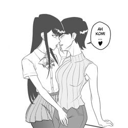 2girls after_kiss age_difference black_and_white black_hair breasts closed_eyes clothed daughter dialogue eros female female_only incest komi-san_wa_komyushou_desu komi_shouko komi_shuuko long_hair monochrome mother mother_and_daughter saliva saliva_string saliva_trail school_uniform short_hair slight_blush speech_bubble tagme text text_bubble tongue vest yuri