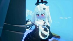 3d anon blush cum_on_breasts cumshot cumstring handjob natural_disaster_survival original_character red_eyes roblox roblox_avatar showing_breasts white_hair white_skin