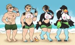 anthro beach beak beak_growth big_breasts black_body black_feathers blonde_hair breast_growth breasts bulge celsty clothing colored confusion drinking expansion eyewear feathers female gender_transformation generation_7_pokemon genitals growth hair hair_shrinking human male mammal mtf_transformation nintendo nipples nude penis penis_to_vagina_tf pokemon pokemon_(species) pussy sequence solo species_transformation sunglasses surprised_expression swimming_trunks swimwear thick_thighs thigh_expansion toucannon transformation white_body white_feathers winged_arms wings