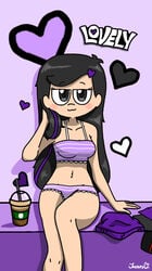 1girls alternate_version_available bikini black_hair bubble_tea cute dyed_hair female hearts lovely_(writers_crusaders) purple_hair solo solo_female starbucks wcjuan writers_crusaders