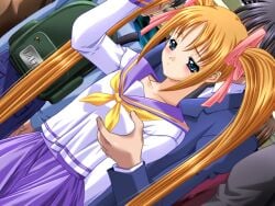 1boy 2000s_(style) arm_behind_back blue_eyes blush breasts brown_hair chikan closed_mouth collarbone cowboy_shot crowded dutch_angle faceless faceless_male female game_cg grabbing_another's_breast grabbing_from_behind groping half-closed_eyes hand_up holding long_hair long_sleeves looking_down m&m_(mickey_and_mackey) molestation multiple_boys neckerchief pink_ribbon pleated_skirt purple_sailor_collar purple_skirt raised_inner_eyebrows ribbon sailor_collar saishu_chikan_densha_(series) saishuu_chikan_densha school_uniform serafuku sidelocks skirt small_breasts standing suzuki_airi_(saishu_chikan_densha) third-party_source train_interior twintails very_long_hair yellow_neckerchief