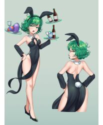 1girls animal_ears annoyed bunny_ears bunny_girl bunnysuit curvy female female_focus female_only green_eyes green_hair highres light-skinned_female light_skin looking_at_viewer looking_back one-punch_man pietrosatou shounen_jump simple_background small_breasts solo tail tatsumaki