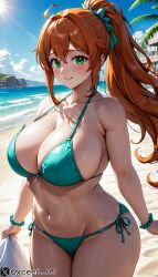 abdomen ai_generated beach big_breasts bikini curvy curvy_figure curvy_thighs female hips hourglass_figure light_blue_eyes orange_hair original_character shiny_skin stable_diffusion thick_thighs voluptuous_female xceed