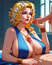 1girls 2boys ai_generated aphrodite_(shuumatsu_no_valkyrie) balls big_breasts blonde_hair blue_eyes breasts huge_breasts masturbating paizuri penis shuumatsu_no_valkyrie titjob touching_penis