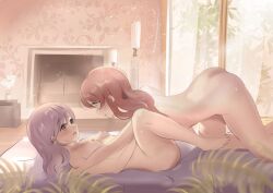 2girls absurdres alicenthia ass barefoot blanket blush boobs breasts couple female/female female_only girls girls_only highres lesbian lesbians long_hair looking_at_another multiple_girls nipples nude only_female open_mouth original purple_hair red_hair toes tree window yuri