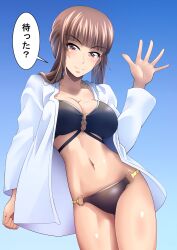 bikini bikini_under_clothes breasts breasts_out brown_eyes brown_hair female girls_und_panzer large_breasts long_hair looking_at_viewer mature mature_female memotonoshiwatsubasa midriff nishizumi_shiho open_clothes open_shirt solo standing white_shirt