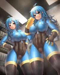 2girls :d absurdres ahoge between_breasts black_footwear black_gloves blu_pyro_(tf2) blue_bodysuit blue_eyes blue_hair blush bodysuit boots breasts cameltoe ceiling_light covered_navel covered_nipples emperpep female female_to_futa fempyro futanari_transformation genderswap_(otf) gloves gold_bar grin hand_on_own_hip highres holding humanized impossible_bodysuit impossible_clothes indoors large_breasts latex latex_ass latex_bodysuit latex_boots latex_clitoris latex_clothing latex_gloves latex_legwear latex_nipples latex_skinsuit latex_stockings latex_suit latex_thighhighs latex_vagina looking_at_viewer multiple_girls open_mouth pyro_(team_fortress_2) pyro_(tf2) rule_63 skin_tight skin_tight_clothes skin_tight_dress skin_tight_outfit skin_tight_suit skin_tight_thighhighs skintight skintight_bodysuit skintight_clothes skintight_clothing skintight_dress skintight_suit smile sweat team_fortress_2 teeth thigh_boots zipper