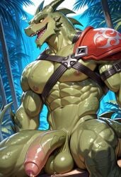 abs ai_generated anthro anthro_male balls biceps big_balls big_penis blush erection fortnite gay green_skin hybrid_(fortnite) looking_at_viewer male male_only muscular muscular_male nipples nude_male open_mouth pecs penis precum scalie sharp_teeth sitting smile toned_body toned_male twall97 yellow_eyes