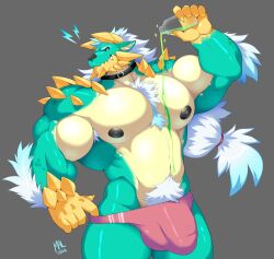 5_fingers absurd_res anthro armpit_hair biceps biped body_hair capcom countershade_torso countershading eyebrows fanged_wyvern fingers hi_res horn mal_lock male male_only monster_hunter muscular muscular_anthro muscular_male pecs solo zinogre