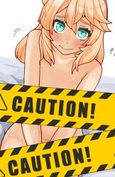 1boy absurdres androgynous aqua_eyes blonde_hair blue_eyes blush bridget caution censored completely_nude embarassed femboy guilty_gear highres light-skinned_male light_skin looking_up male male_only medium_hair motion_lines navel nude sitting sitting_on_bed solo sugag sweat sweatdrop thick_eyelashes trap white_background wiggle_lines