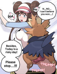 1boy 1girls against_wall animal_genitalia animal_penis backsack balls blue_eyes blush bottomless breasts brown_fur brown_hair canine canine_penis cap double_bun everyday2 female female_human femsub herdier human interspecies leggings leggings_down long_hair male male/female male_pokemon male_pokemon/female_human maledom nintendo pokemon pokemon_bw pokemon_bw2 pokephilia rape rosa_(pokemon) sex size_difference skirt skirt_down small_dom_big_sub smaller_male speech_bubble testicles text thighs twintails uncensored vaginal_penetration vaginal_sex zoophilia