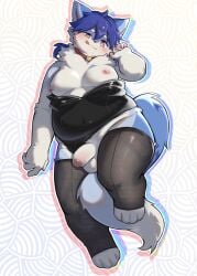 anthro balls belly blue_body blue_fur blush canid canine canis clothing collar erection foreskin fur genitals hi_res kemono legwear licking licking_lips male mammal moobs navel navi_(artist) nipples overweight penis playboy_outfit solo stockings tongue wolf