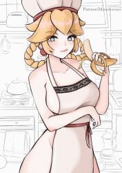 1girls alternate_hairstyle apron arm_under_breasts artist_name banana big_breasts blonde_hair blue_eyes braid breast_hold breasts busty casual chef_hat cleavage female female_focus female_only food fruit hat headwear highres human kitchen large_breasts legs licking_lips long_hair looking_at_viewer mario_(series) naked_apron naughty_face nintendo outerwear pale_skin pose posing princess_peach princess_peach:_showtime! smile solo standing thighs tongue tongue_out twin_braids