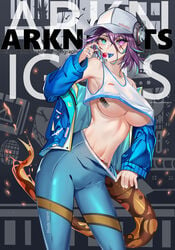 1girls arknights asbestos_(arknights) barcode bare_shoulders blue_pants breasts cameltoe cap cyan_eye erect_nipples female female_focus female_only heterochromia lolipop looking_at_viewer nipples_visible_through_clothing no_bra purple_eye sabou_san-shitsu_kokoro solo solo_female solo_focus standing tank_top tattoo tight_clothes tight_clothing tight_fit tight_pants underboob white_cap