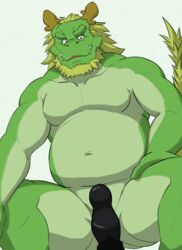 2017 anthro asian_mythology belly big_belly dildo dragon east_asian_mythology eastern_dragon green_body hi_res humanoid_hands kemono male mature_male morenatsu musclegut mythology overweight overweight_male sex_toy simple_background sitting solo tappei_(morenatsu) urakumaworld video_games visual_novel