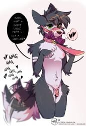 anthro arnhem black_body blush breasts canid canine canis collar duskihorns english_text eyewear genitals glasses green_eyes gynomorph heart_symbol hi_res intersex leash mammal muzzle_(object) penis solo tail tail_motion tailwag text white_body wolf