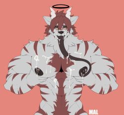 absurd_res anthro areola bodily_fluids body_hair cum cum_on_chest cum_on_face fingers fur genital_fluids hair halo happy_trail hi_res horn long_tongue mal_lock male muscular muscular_anthro muscular_male nipples pecs solo striped_body striped_fur stripes tongue tongue_out