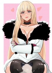 1girls big_breasts blonde_hair blue_eyes cleavage emilie_de_rochefort female female_only fully_clothed heart ihsnet looking_at_viewer salt_(tekken) sitting solo tekken tekken_8 thick_thighs wrong_eye_color