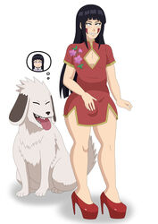 1animal 1boy akamaru_(naruto) asian asian_clothing bare_arms bare_legs bimbo bimbofication black_eyes blue_hair blush bottomless bulge canine chinese_clothes cleavage_cutout clothed clothing crossdressing dress erection facepaint fangs femboy footwear fully_clothed heels high_heels hinata-hime hyuuga_hinata hyuuga_hinata_(cosplay) inuzuka_kiba legs light-skinned_male light_skin long_hair naruto naruto_(series) naruto_shippuden purple_eyes qipao queen_hina red_high_heels short_dress shounen_jump sissification sissy smile smiling solo solo_focus solo_male stiletto_heels teeth thighs tongue tongue_out voluptuous white_fur wide_hips wig