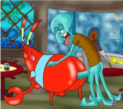 3boys anal_penetration anal_sex anthro backsack bad_art bent_forward big_ass bottomless cephalopod crab crustacean cum_in_ass drawn-sex.com erection flying_sweatdrops fucked_from_behind gay krusty_krab large_penis male_only male_penetrating mostly_offscreen_character mr_krabs nickelodeon octopodiform octopus orgasm_face orgasm_from_anal penis penis_size_difference pleasure_face slit_pupils smooth_skin spatula spongebob_squarepants spongebob_squarepants_(character) squidward_tentacles standing_doggy_style table thrusting_into_ass tongue_out yaoi